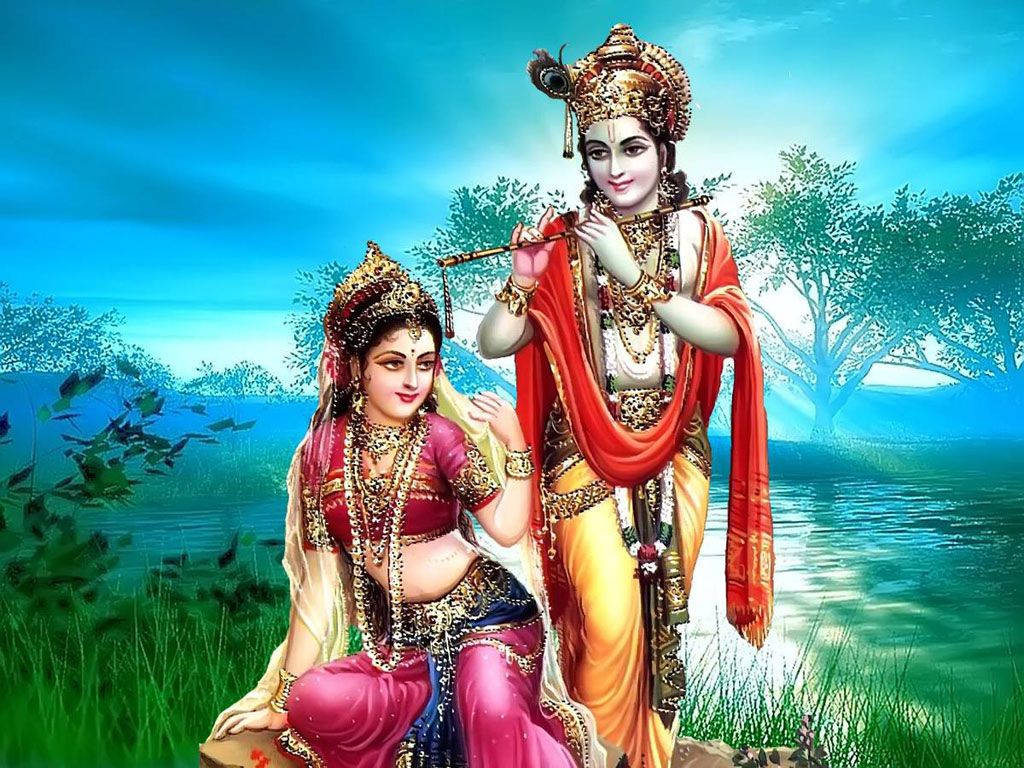 Krishna Bhagwan Playing Flute To Radha By Lake Wallpaper