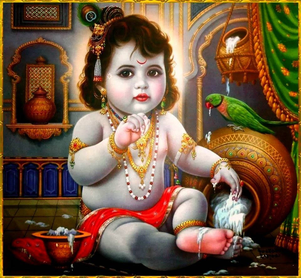 Krishna Bhagwan With Butter Everywhere Wallpaper