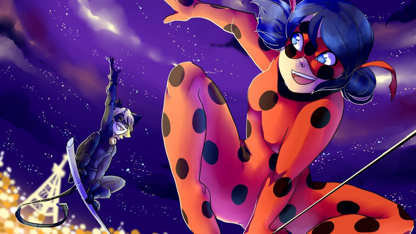 Ladybug And Cat Noir In Paris At Night Wallpaper