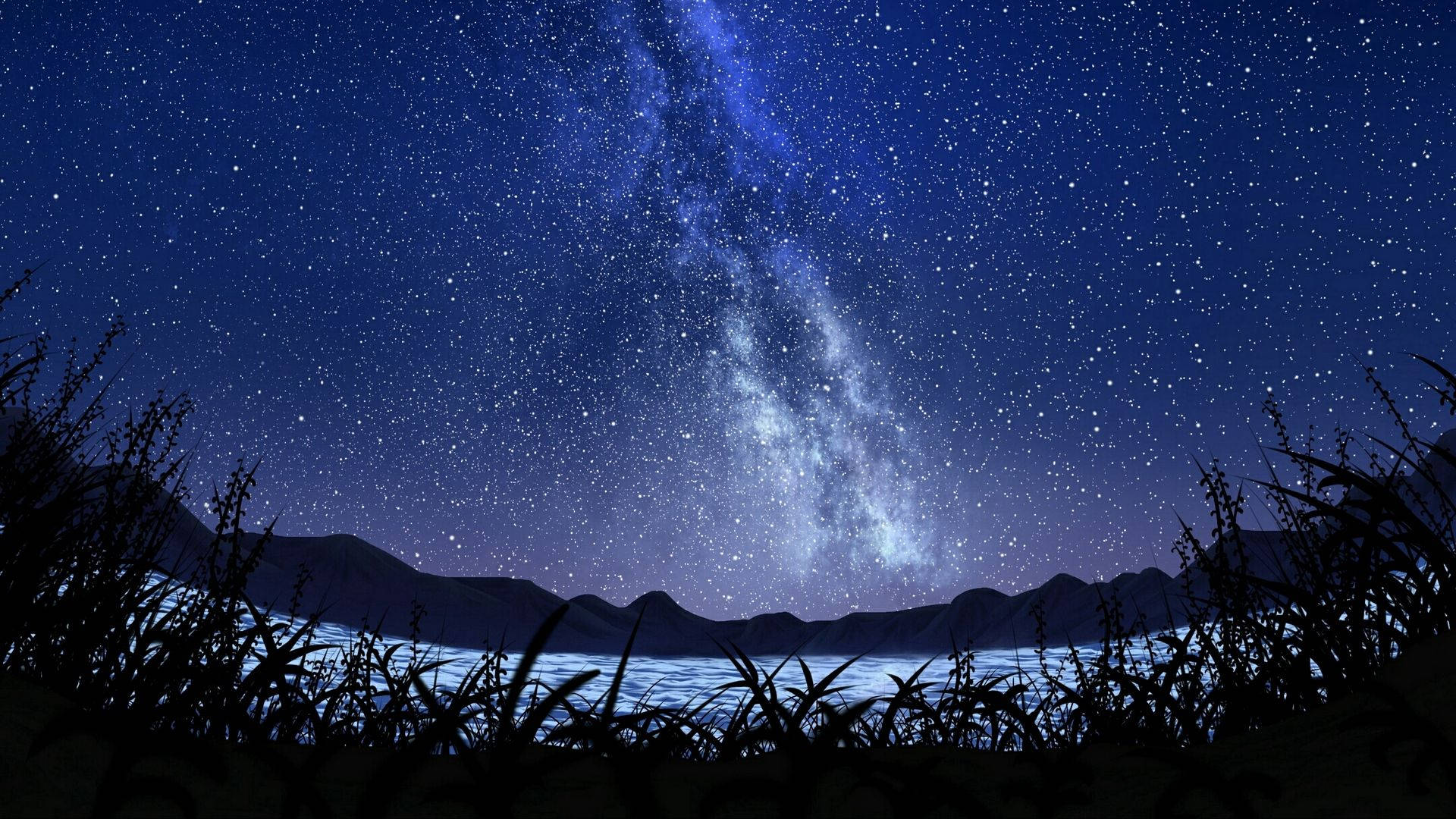 Lake Grass Anime Night Sky Wallpaper