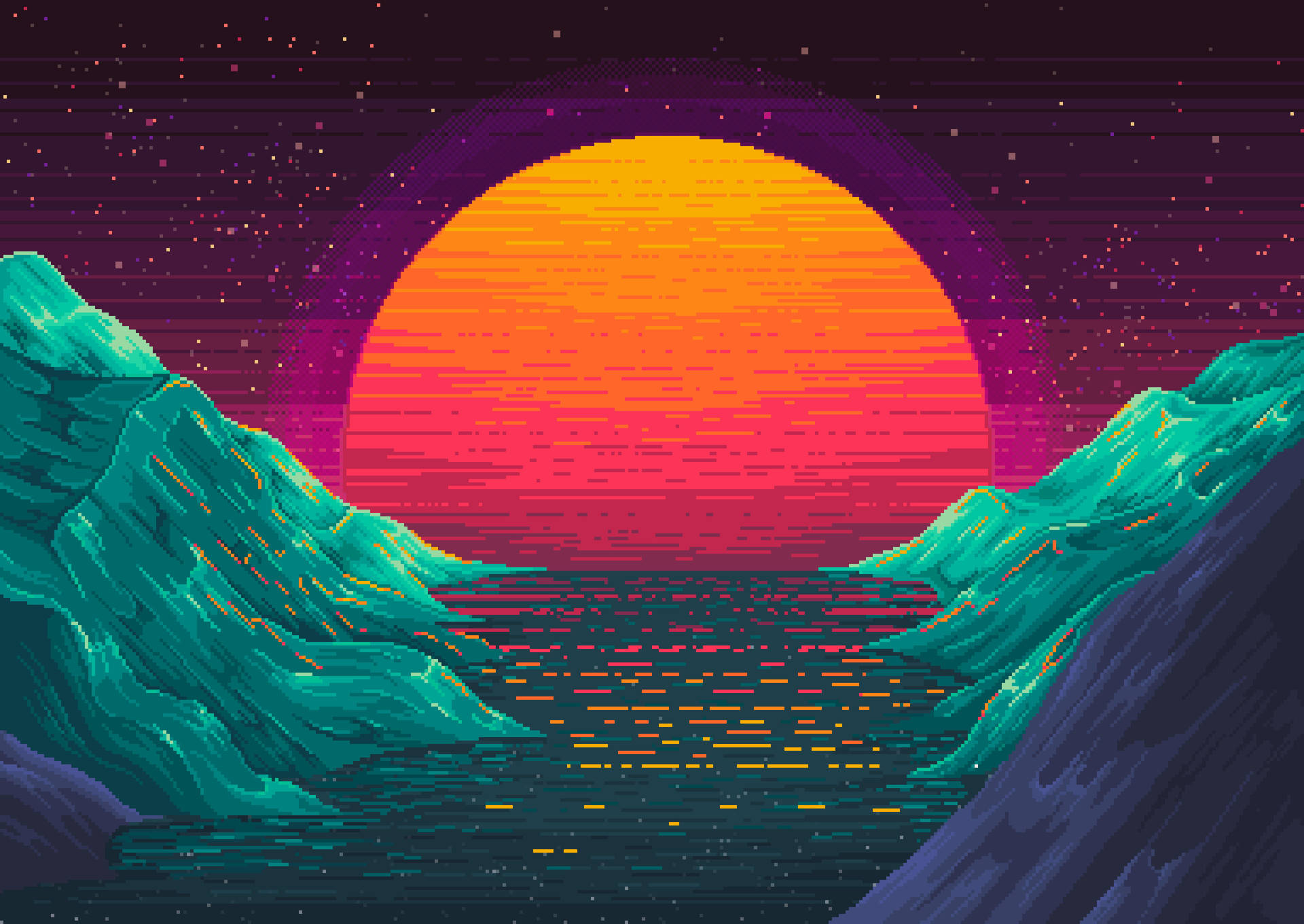 Lake Sunset In Aesthetic Pixel Art Wallpaper