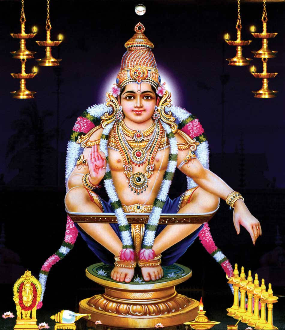 Lord Ayyappa With Candles On Black Background Wallpaper