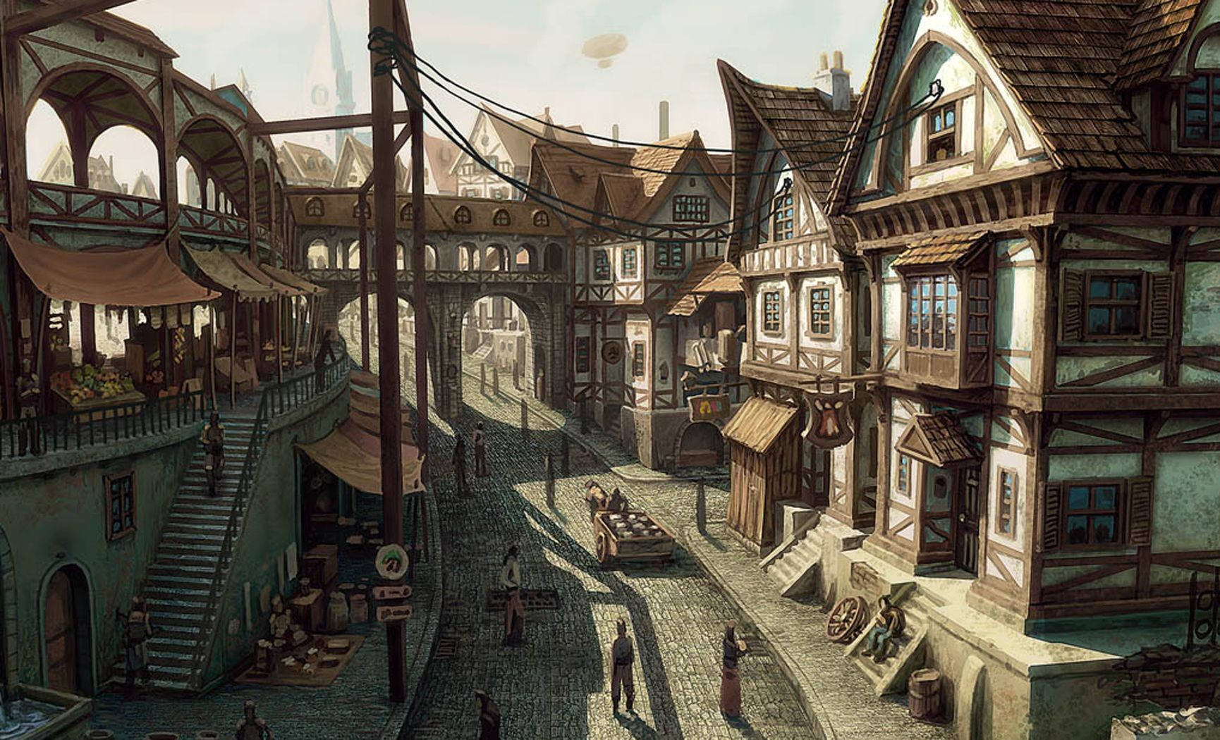 Merchants Rove The Cobbled Streets Of A Medieval Town Wallpaper