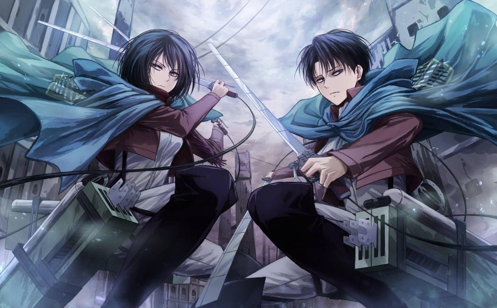 Mikasa And Levi Ready To Defend Humanity From The Titans Wallpaper