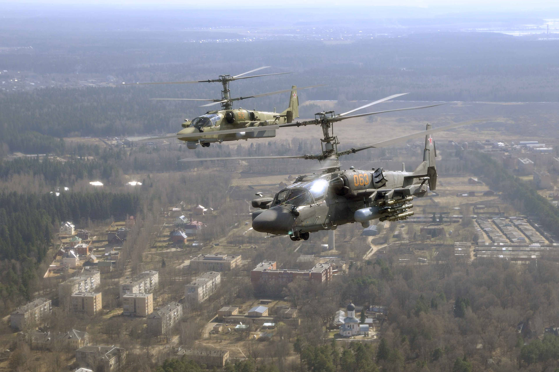 Military Helicopter Ka-50s Over Suburbia Wallpaper