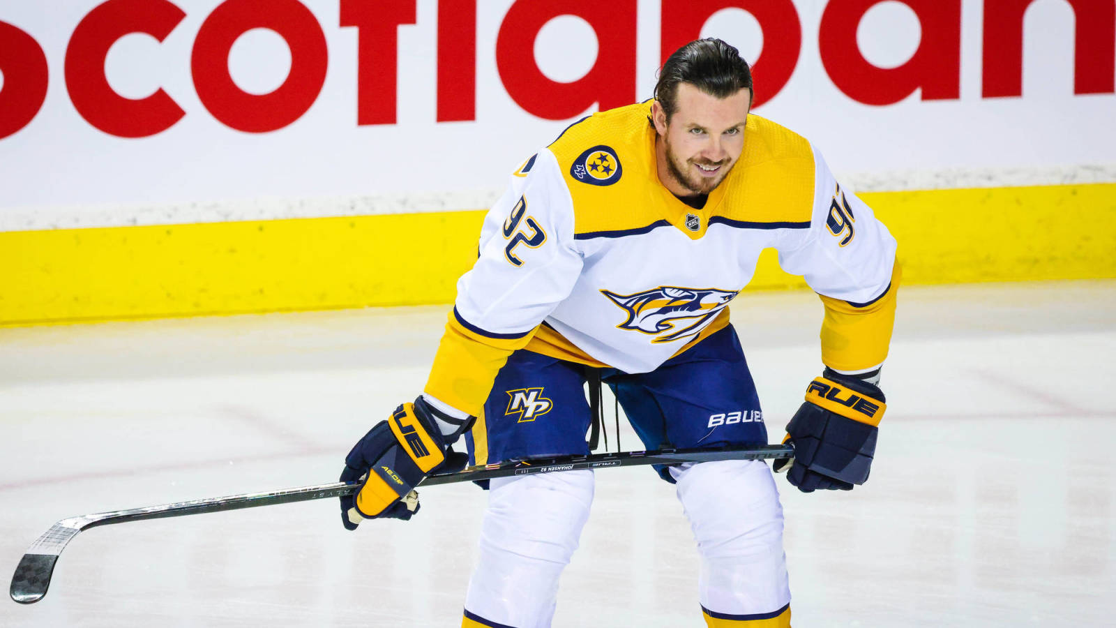 Nashville Predators' Ryan Johansen In Action, Awaiting The Puck Wallpaper