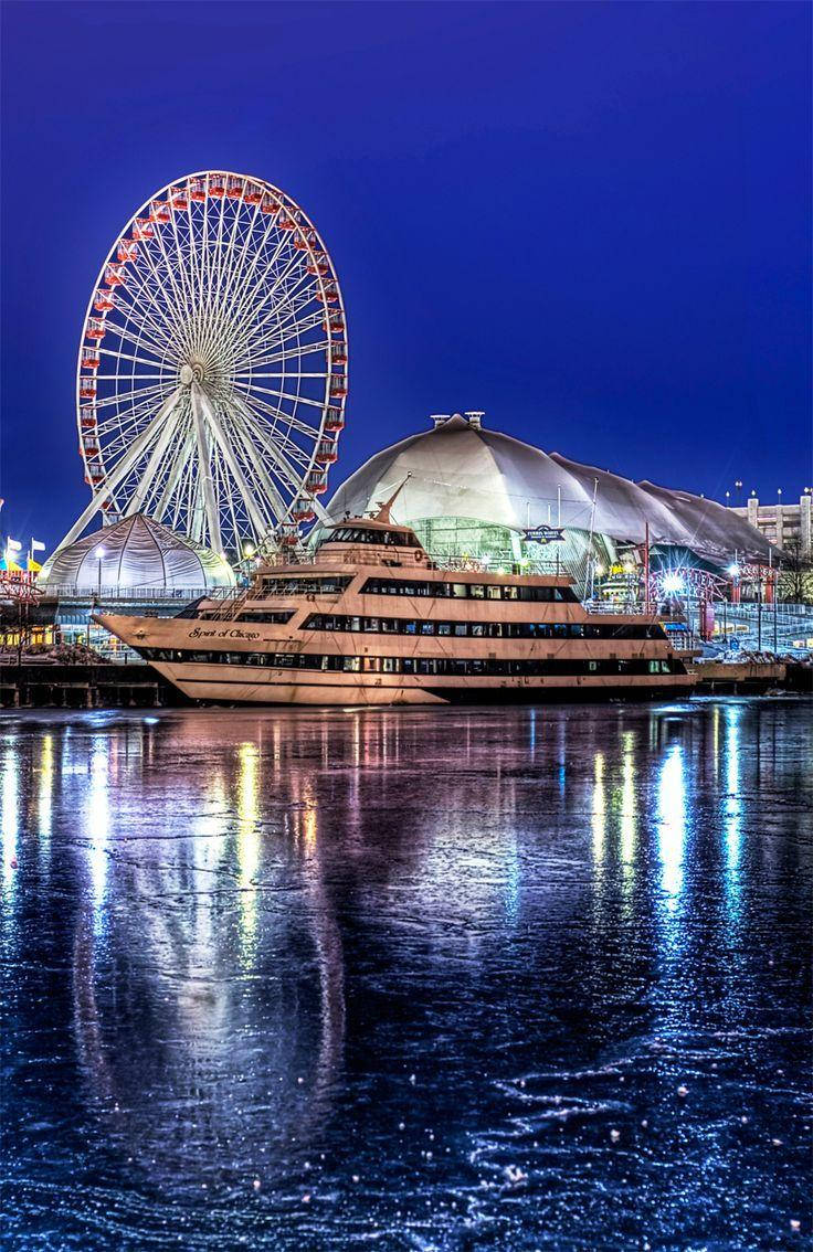 Navy Pier Docked Yacht Night Wallpaper