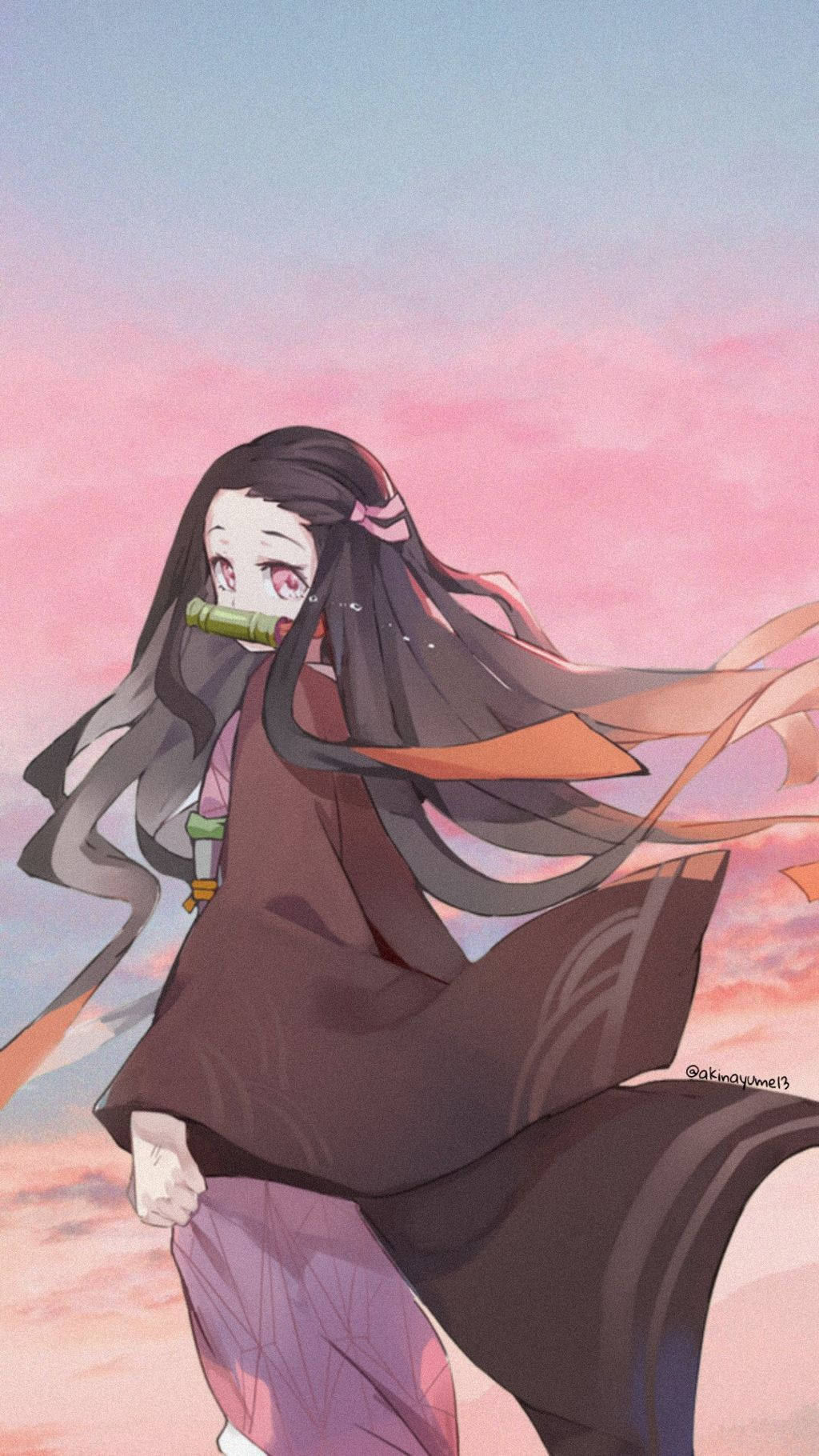 Nezuko Phone Pink Clouds Wallpaper