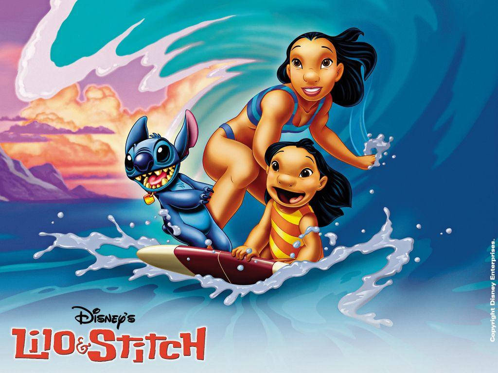 Pelekai Sisters And Stitch 3d Surfing Wallpaper