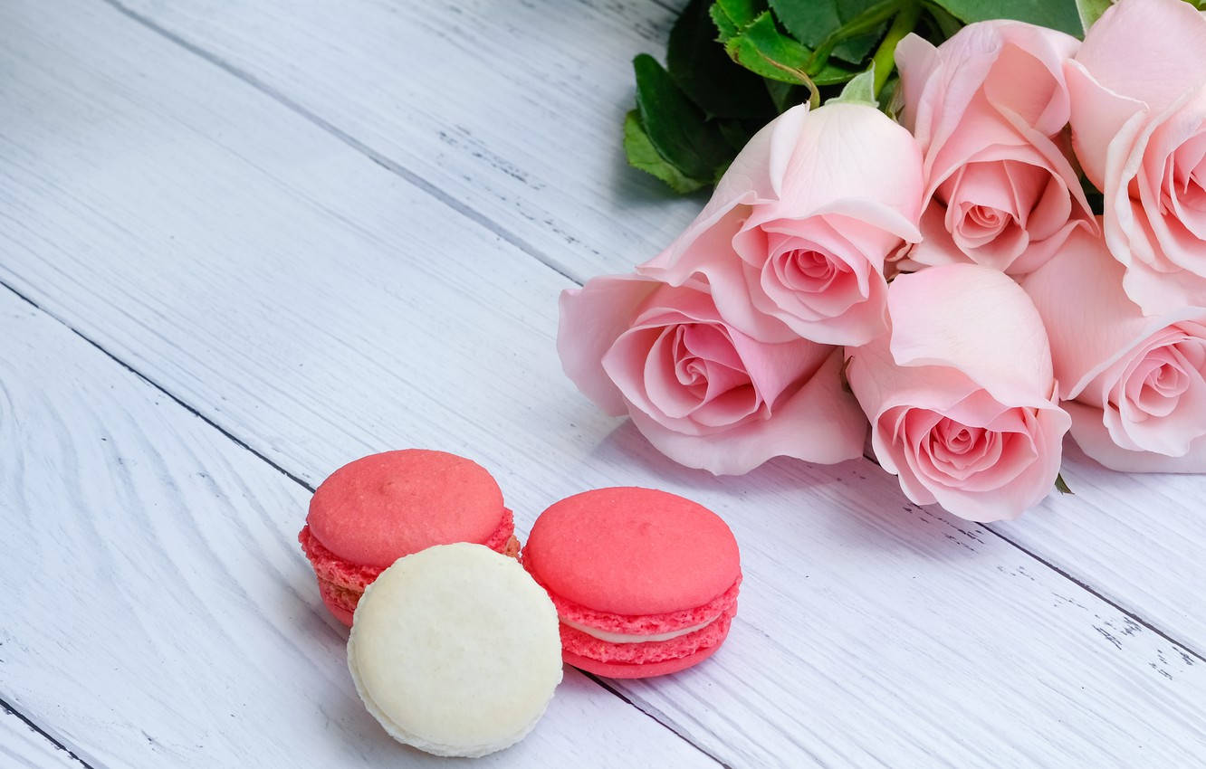 Pink Pastel Macaroons And Roses Wallpaper