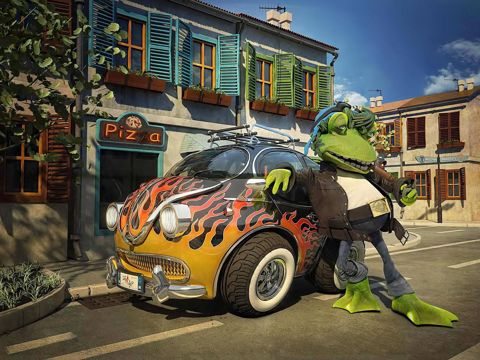 Preview Wallpaper Frog, Car, Cool, Street, Stylish, Animation Wallpaper