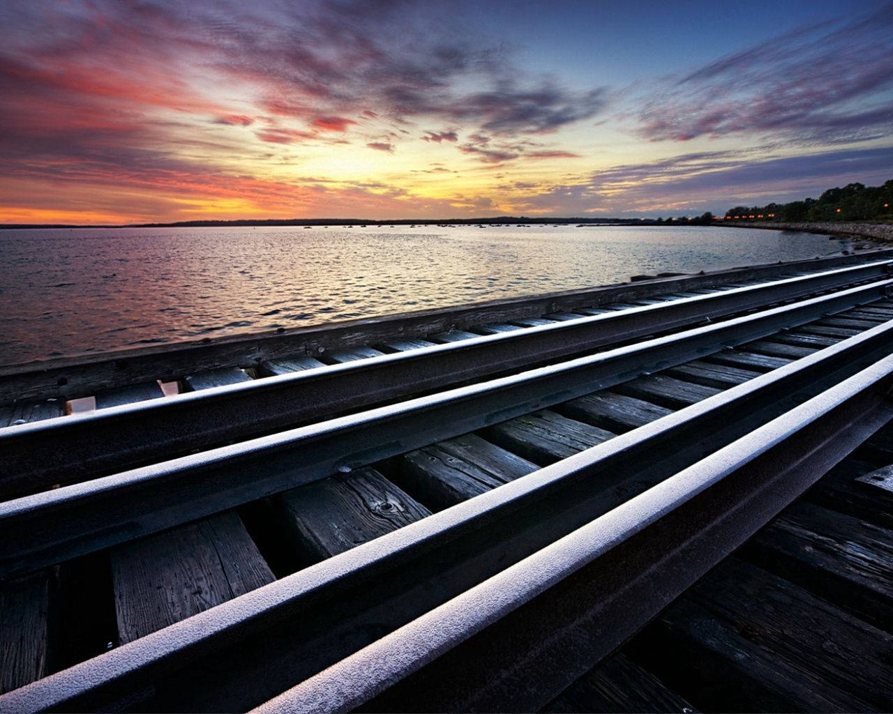 Preview Wallpaper Rails, Cross Ties, Railway, Sea, Evening, Clouds Wallpaper