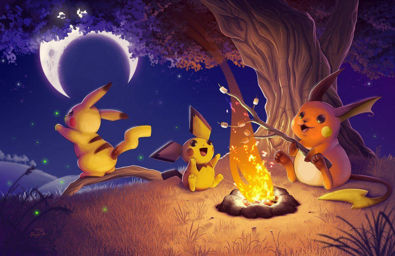 Raichu, Pichu, And Pikachu Roasting Marshmallows By The Campfire Wallpaper