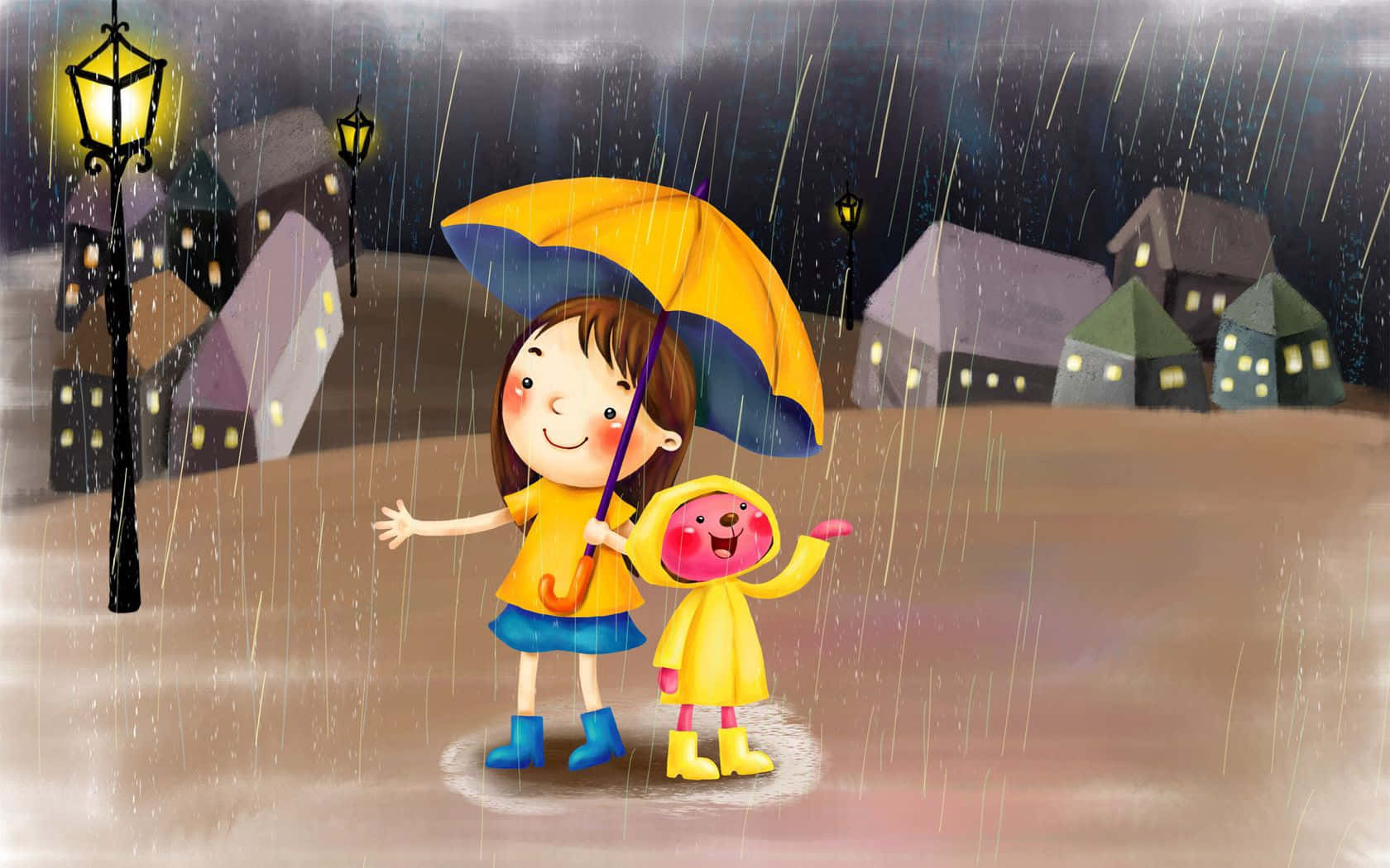 Rainy Night Umbrella Friends Wallpaper