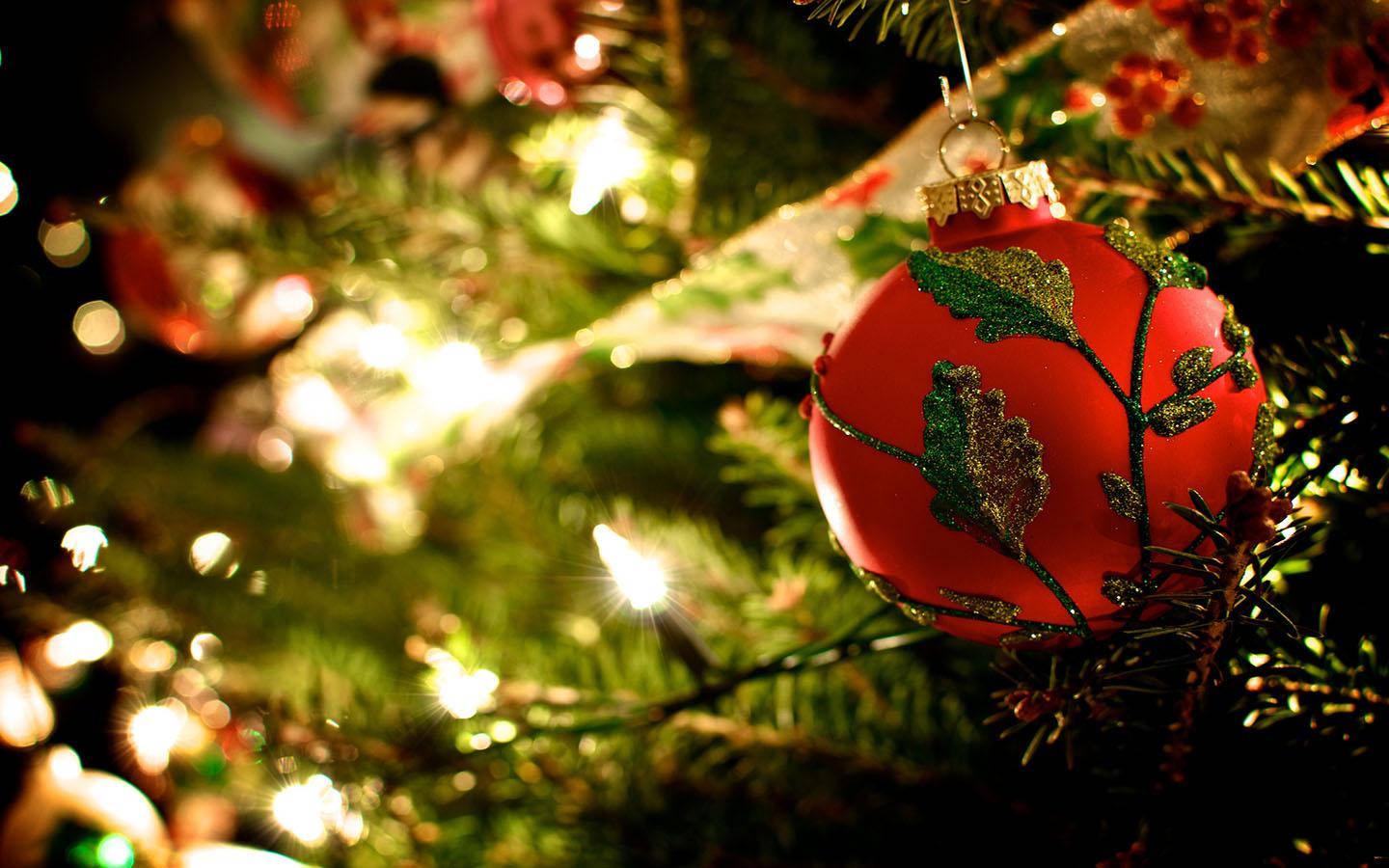 Red Christmas Ball With Christmas Lights Wallpaper