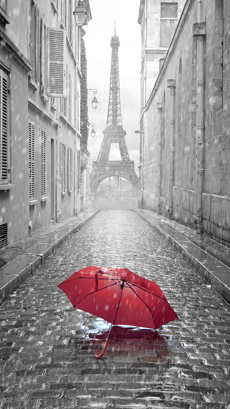 Red Umbrella Paris Rainy Street Wallpaper