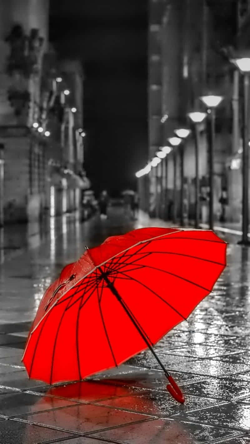Red Umbrella Rainy Street Night Wallpaper