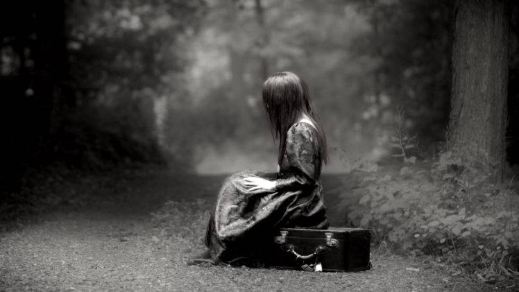 Sad Black Bench Girl Wallpaper