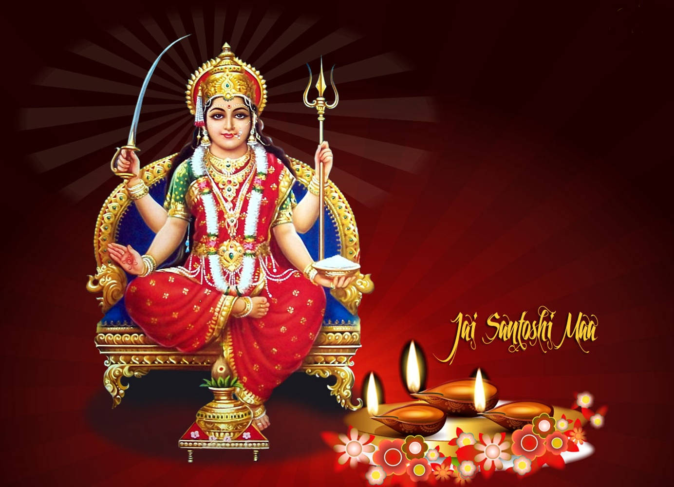 Santoshi Maa Crimson Background Wallpaper