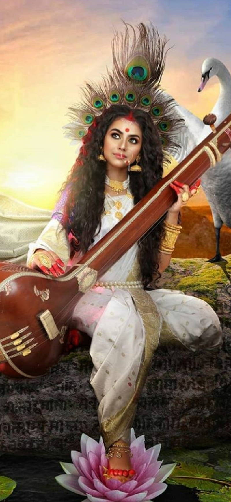 Saraswati Hindu Goddess Headdress Wallpaper