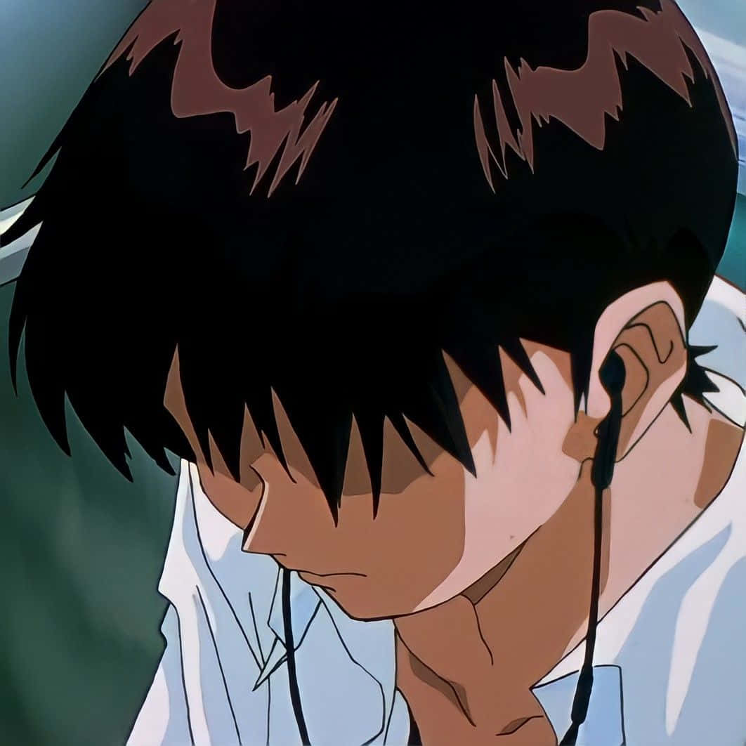 Shinji Ikari Contemplating With Headphones On Wallpaper