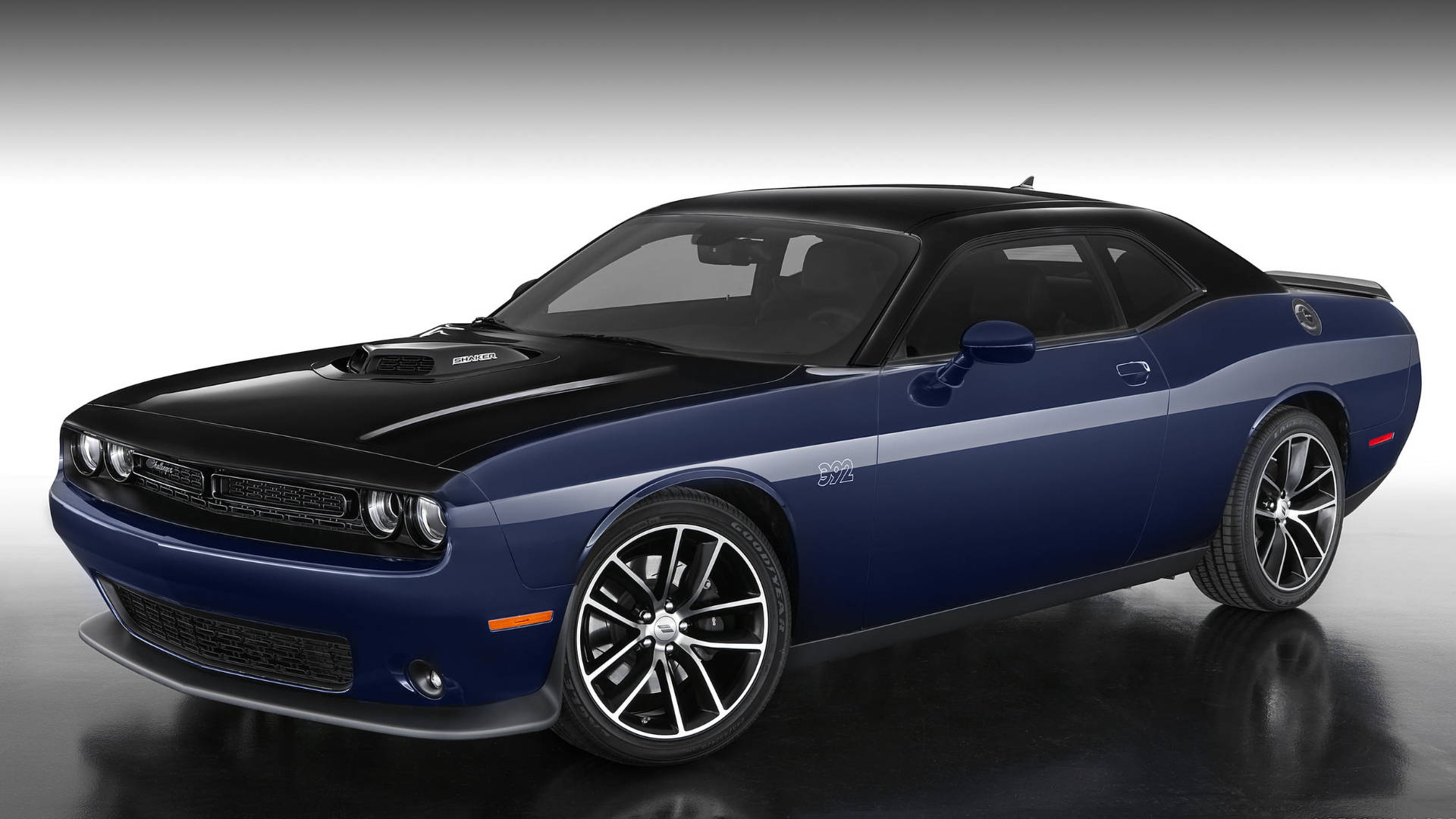 Showroom Image Of A Blue Dodge Challenger Wallpaper