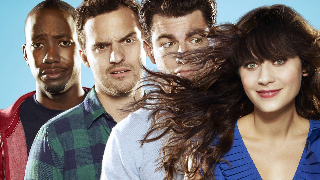 Sitcom New Girl Jess With Three Men Wallpaper