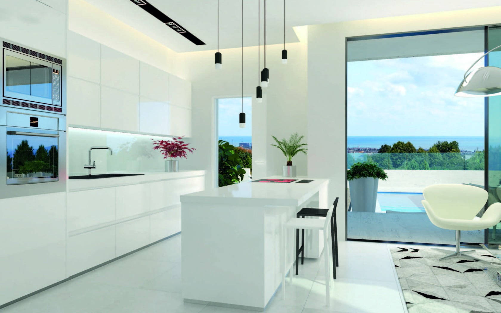 Sleek White Kitchen Design By The Pool Wallpaper