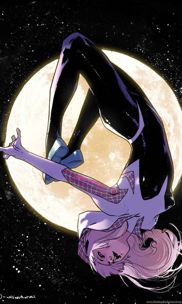 Spider Gwen Soaring Above A Full Moon Night Wallpaper
