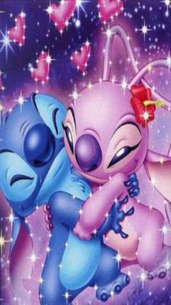 Stitch And Angel Glitter Hearts Wallpaper