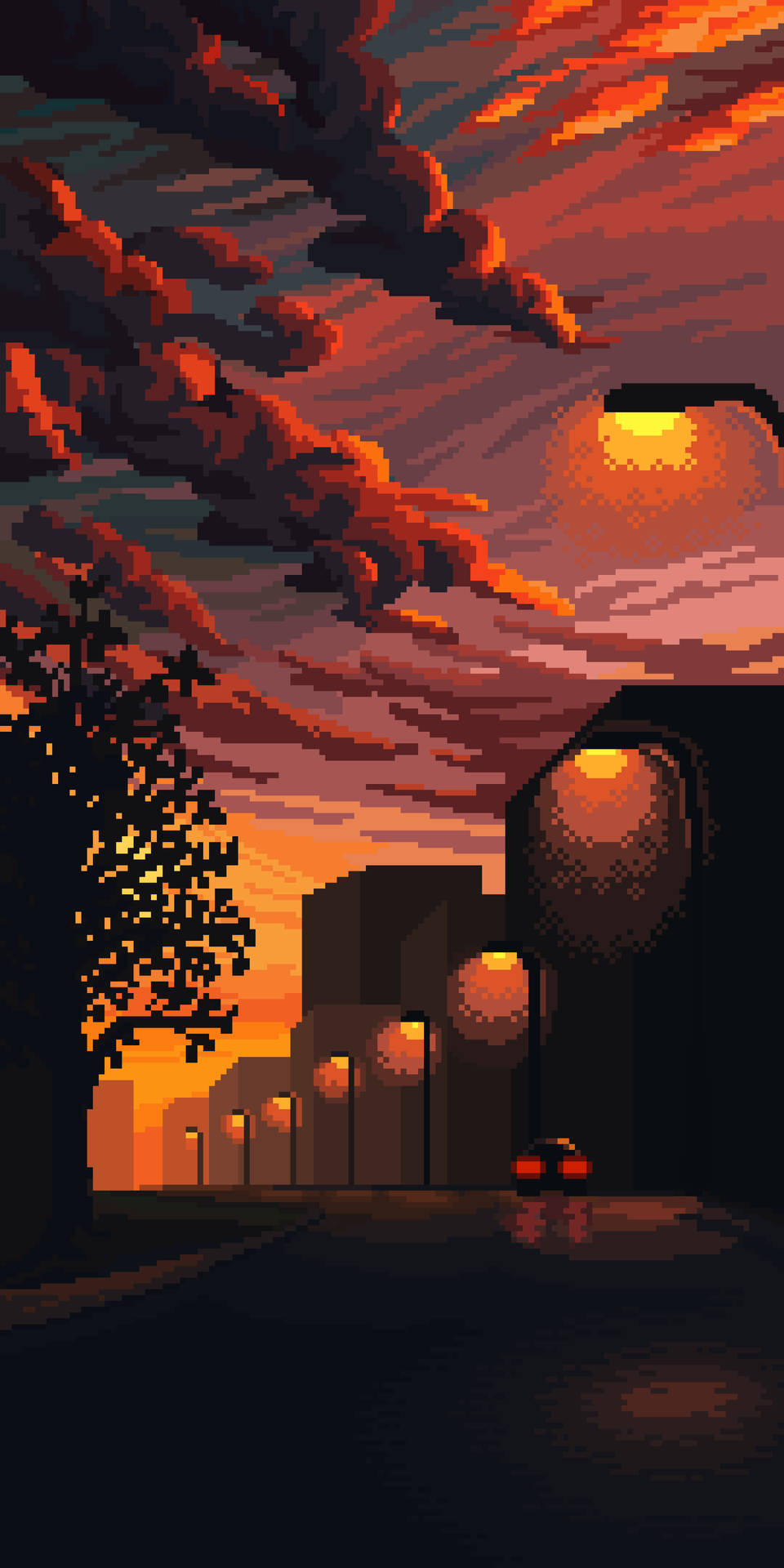 Street Light Cloudy Sky Aesthetic Pixel Art Wallpaper