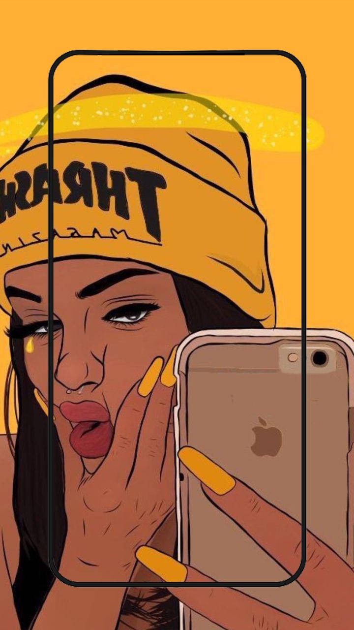 Stylish Black Girl Baddie In Yellow Beanie Wallpaper