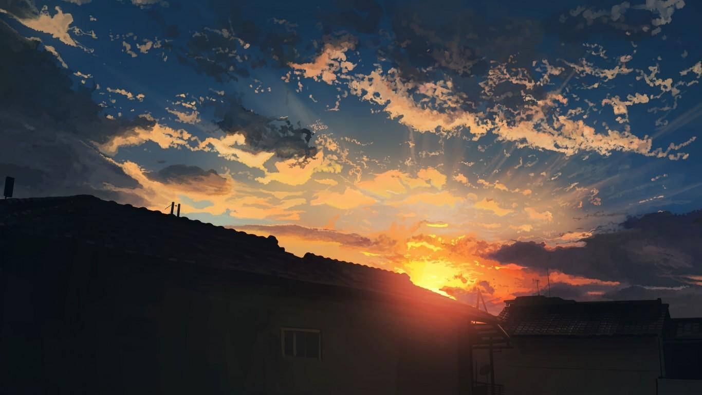 Sunset Over Houses Aesthetic Anime Scenery Wallpaper