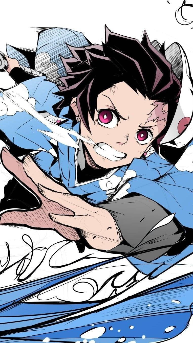 Tanjiro Kamado Wearing Blue During Battle Wallpaper