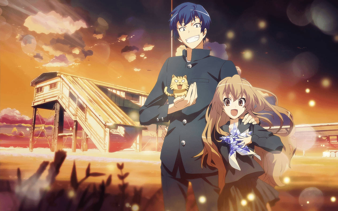 The Perfect Romance Begins - Toradora's Ryuuji And Taiga At Sunset Wallpaper