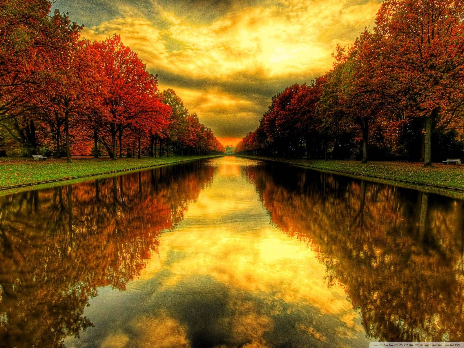 The River Turns Red Amidst The Autumn Season Wallpaper