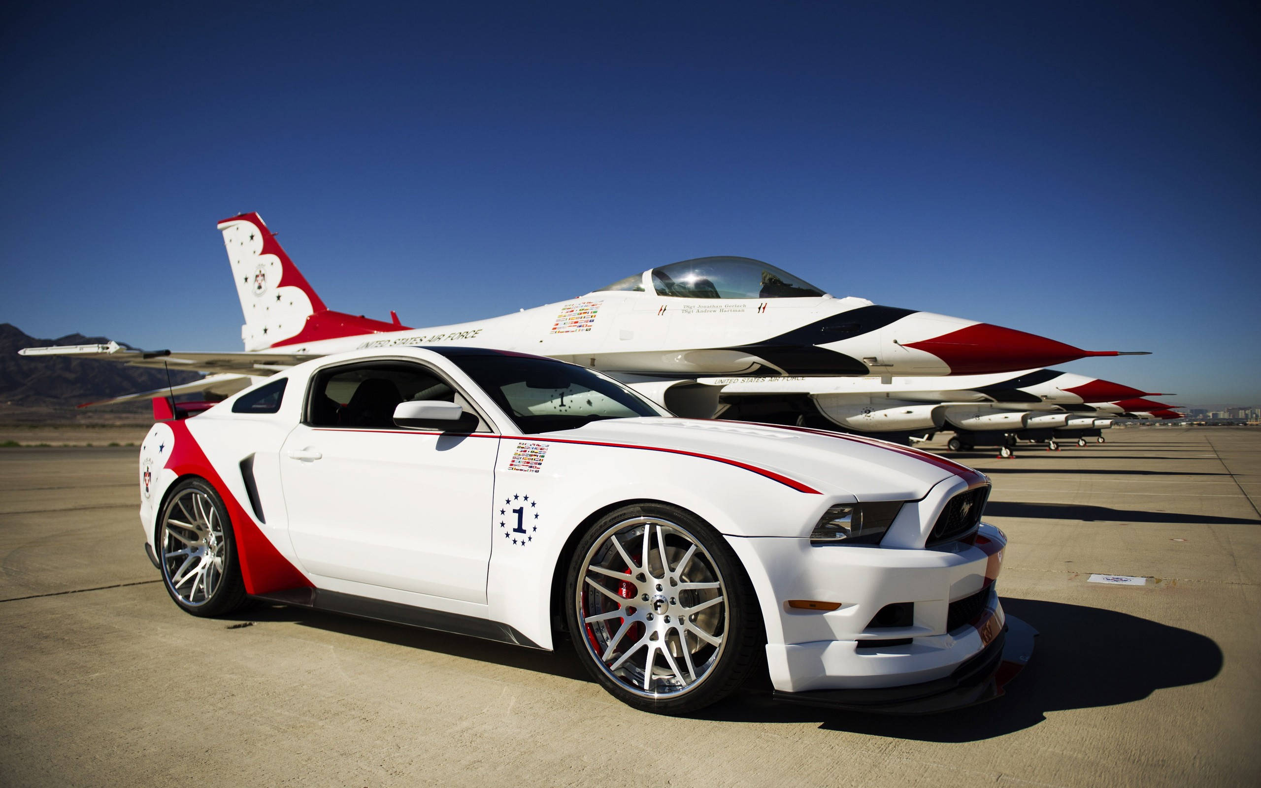 Thunderbird Plane Beside Ford Mustang Hd Wallpaper