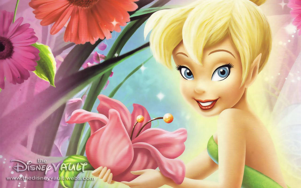 Tinkerbell Holding A Pink Flower Wallpaper