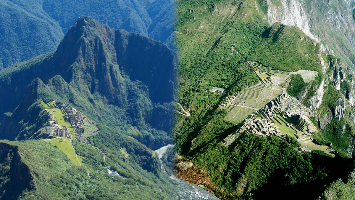 Two Pictures Of A Mountain And A River Wallpaper