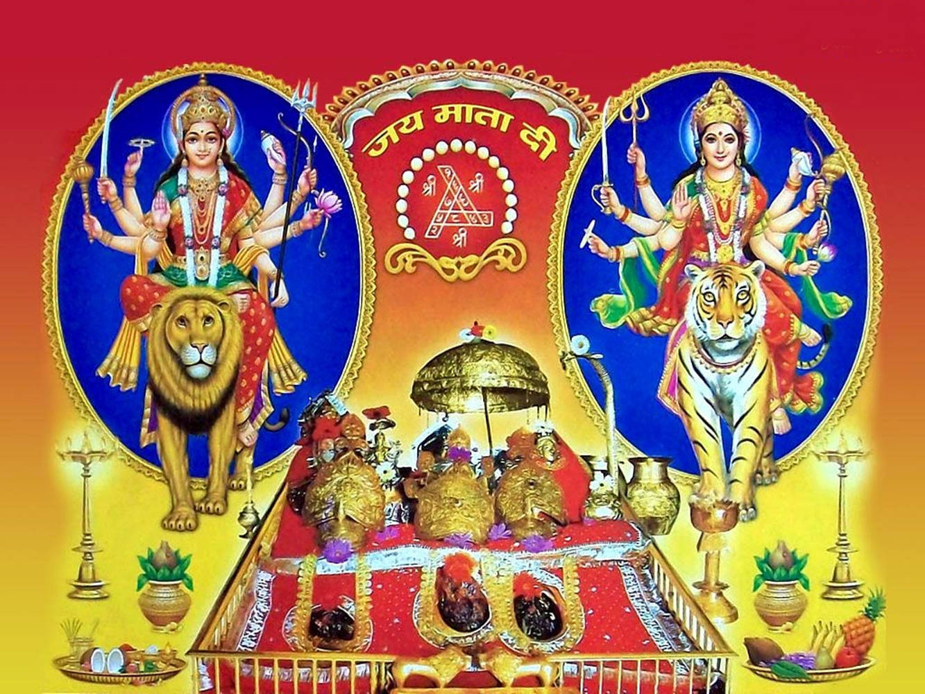 Vaishno Devi Forms With A Durga Yantra Wallpaper