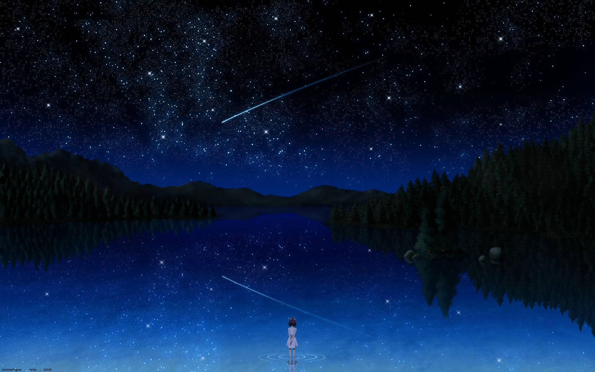 Valley Scenery Anime Night Sky Wallpaper