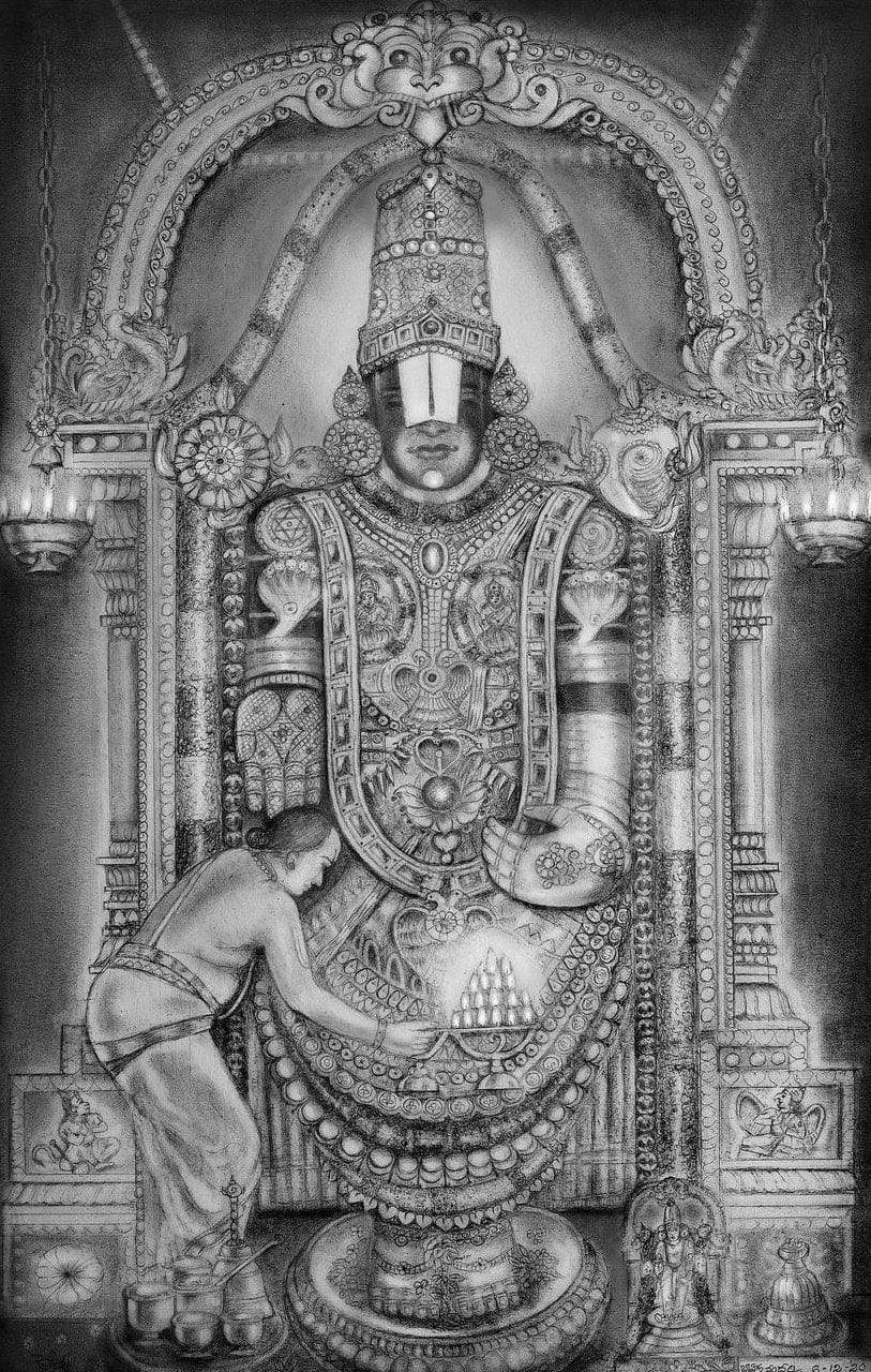 Venkateswara Swamy Greyscale Portrait Illustration Wallpaper