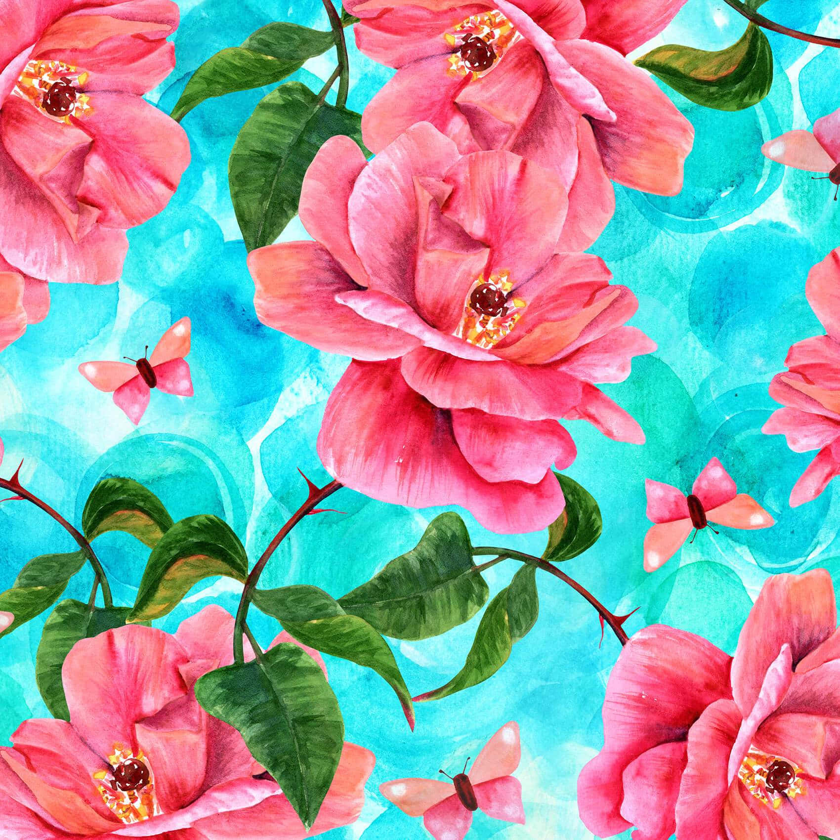 Vibrant Camelliasand Butterflies Pattern Wallpaper