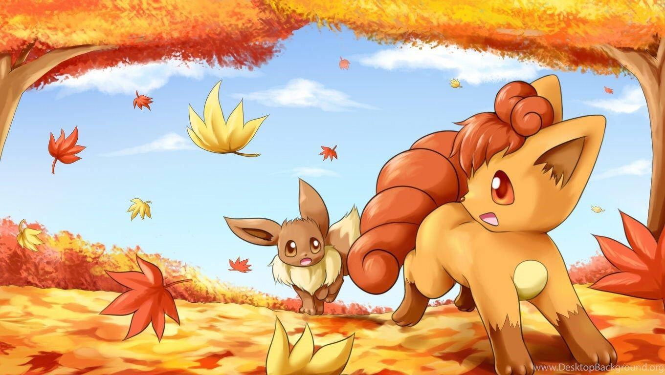 Vulpix And Eevee Running Wallpaper