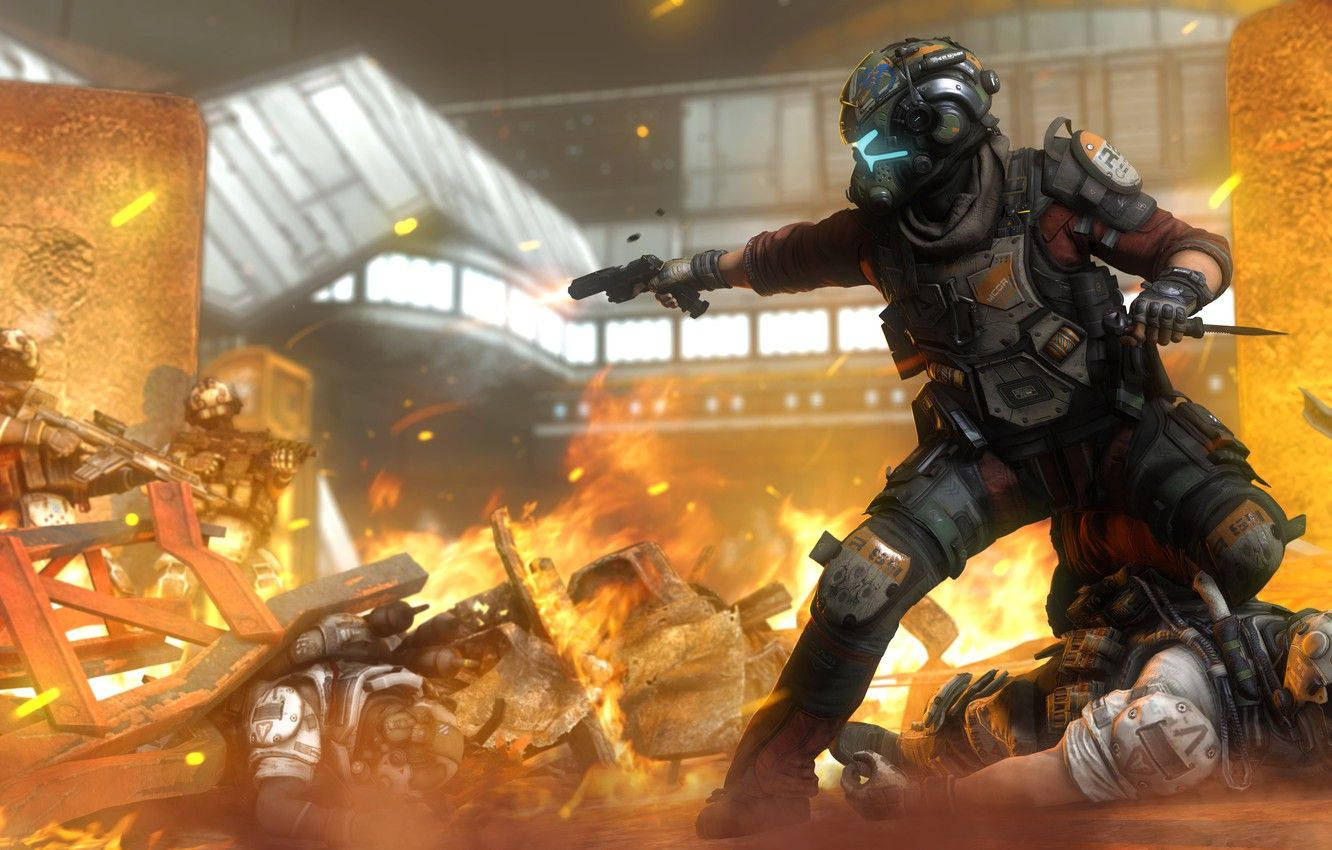 With The Help Of Their Loyal Titan, A Pilot Defeats A Group Of Enemy Soldiers In The Battlefield. Wallpaper