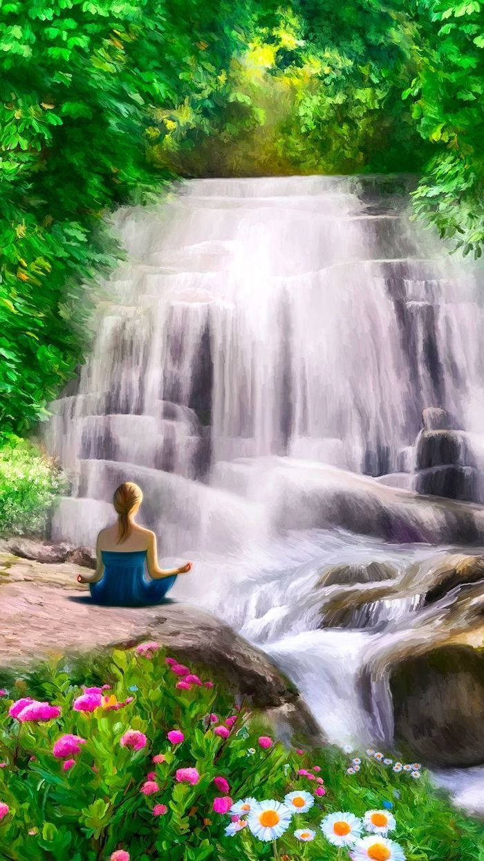 Woman Meditating Beautiful Waterfall Wallpaper