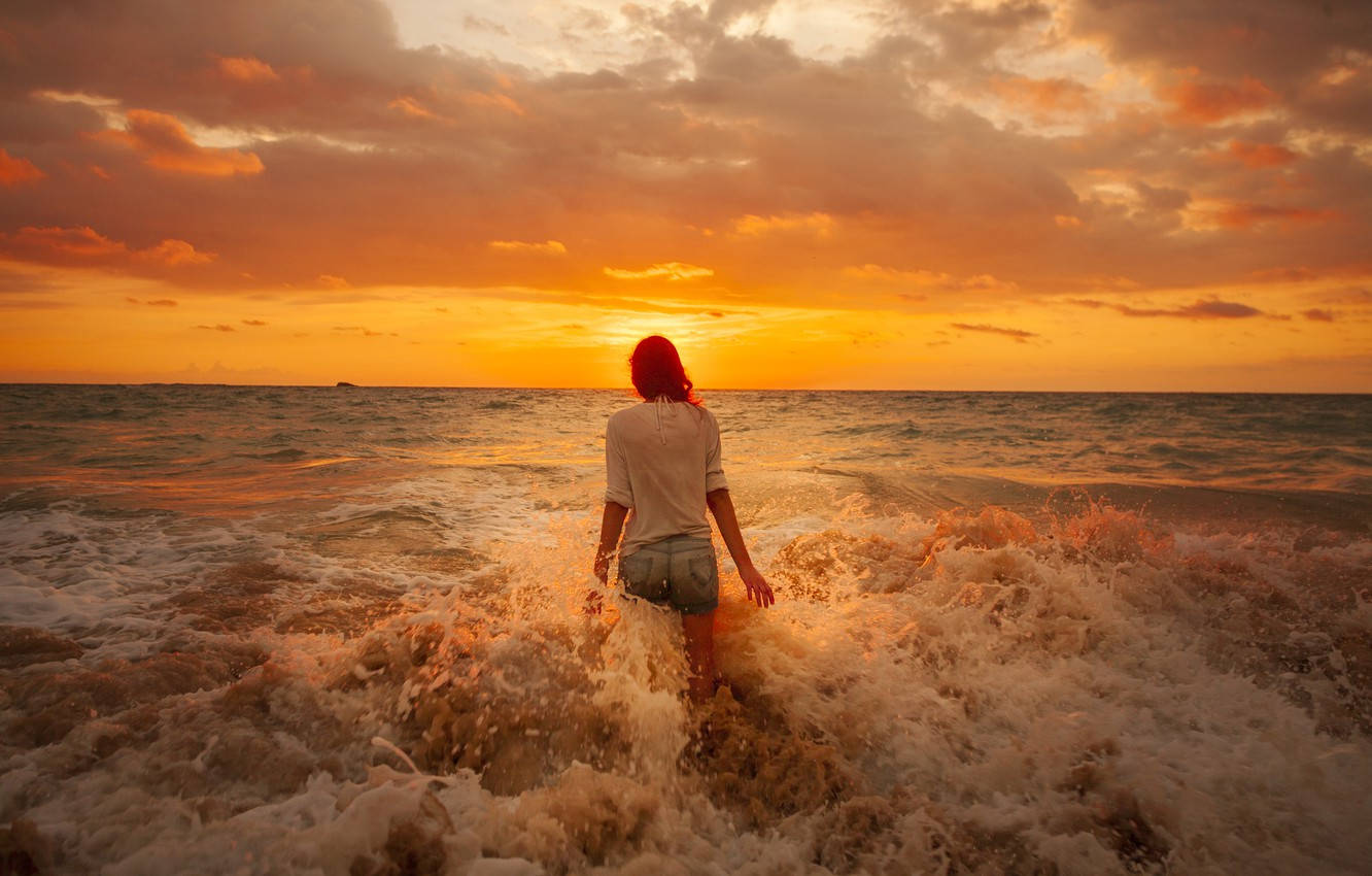 Woman On Beach During Sunset Wallpaper