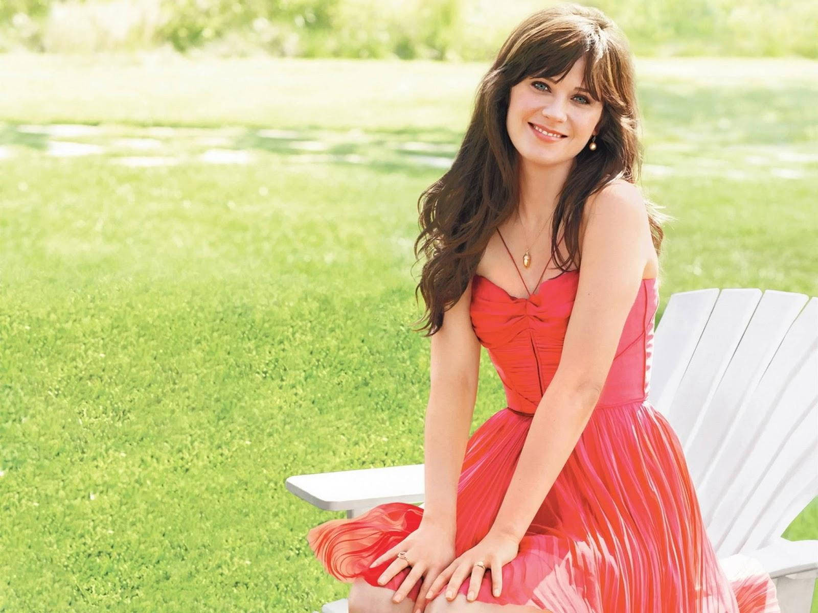 Zooey Deschanel Red Aesthetic Dress On Grass Wallpaper