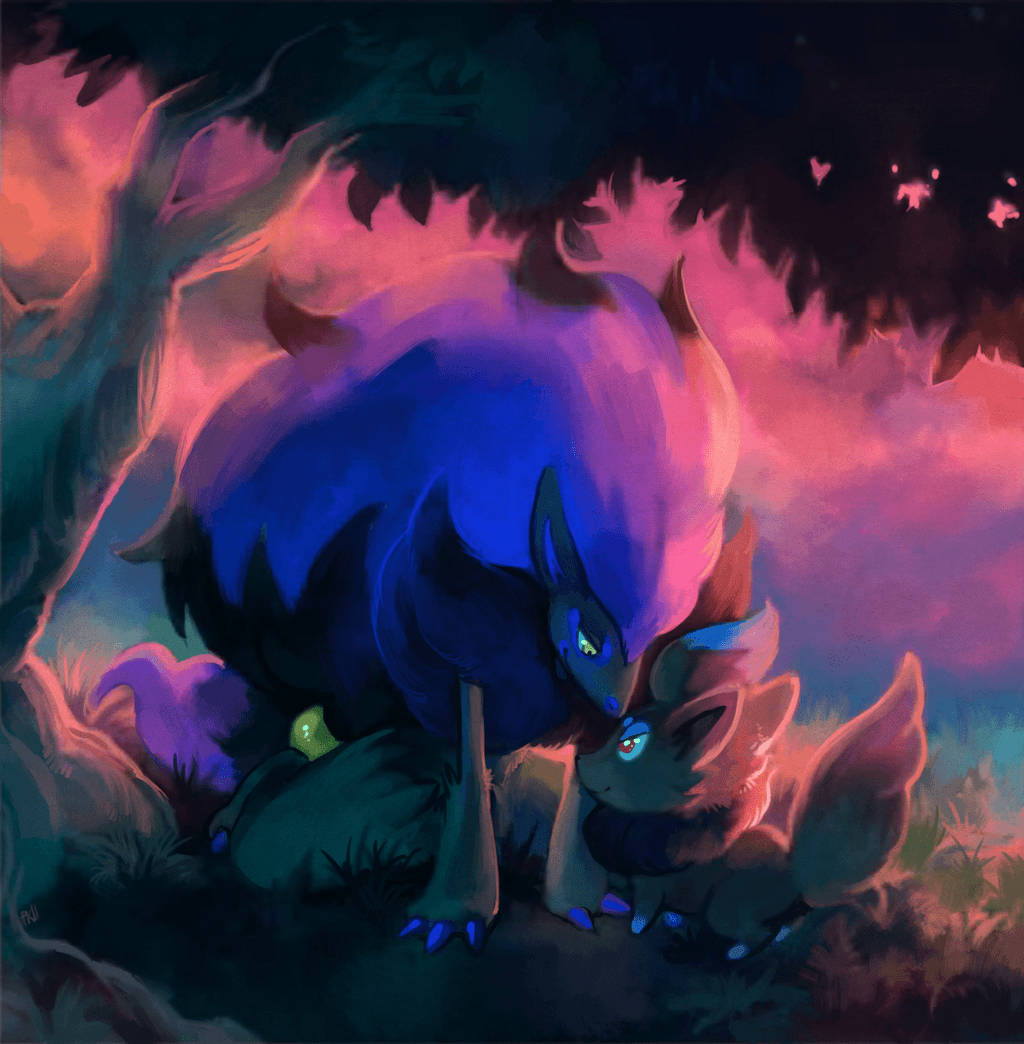 Zoroark With Zorua In Forest Wallpaper