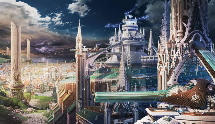 1212x700 Clouds Castles Cityscapes Fantasy Art Anime Cities Wallpaper Wallpaper